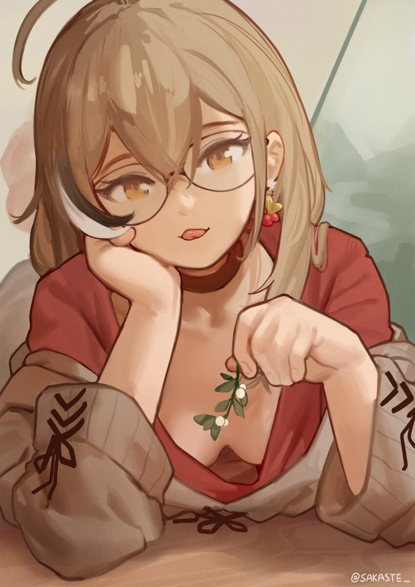 1girl absurdres ahoge artist_name berry black_choker black_streaks branch breasts brown_choker brown_eyes brown_hair brown_hoodie choker commentary crossed_bangs downblouse earrings english_commentary food-themed_earrings glasses hair_between_eyes hand_on_own_face head_rest highres holding holding_branch hololive hololive_english hood hoodie jewelry leaf long_hair long_sleeves looking_at_viewer medium_breasts multicolored_hair nanashi_mumei nanashi_mumei_(casual) official_alternate_costume red_shirt sakaste shirt solo streaked_hair sweater tongue tongue_out twitter_username virtual_youtuber white_streaks white_sweater