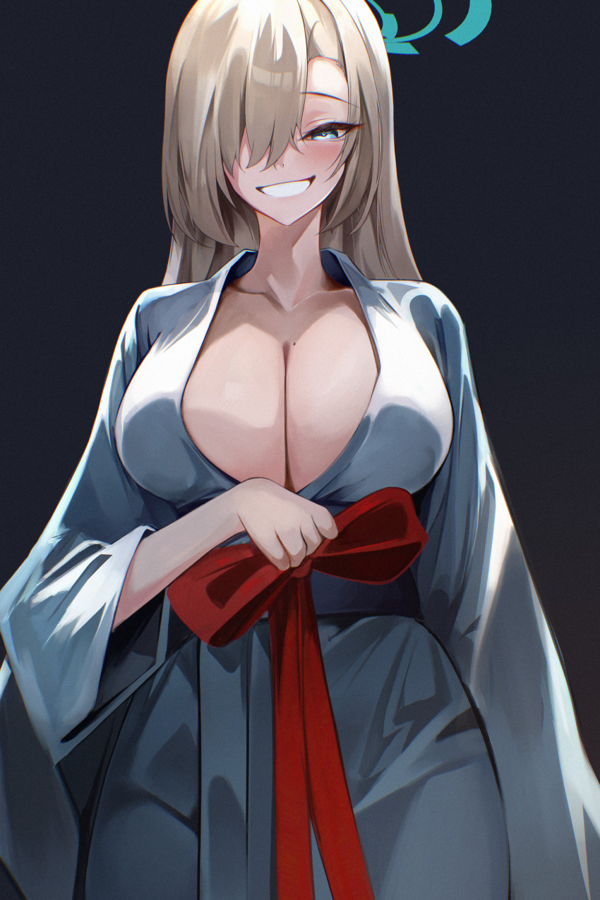 1girl absurdres alternate_costume asuna_(blue_archive) blue_archive blue_eyes blue_halo blue_sash blush bow breasts brown_hair cleavage clothing_request commentary_request grey_background grin hair_over_one_eye halo highres holding holding_bow_(ornament) large_breasts long_hair looking_at_viewer miisang47 red_bow sash smile solo very_long_hair