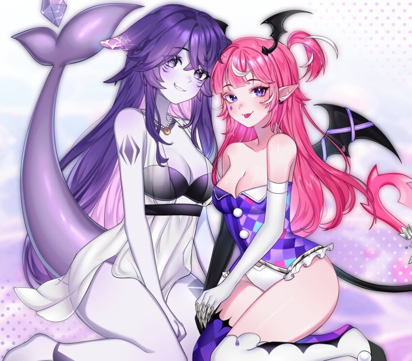 2girls :p absurdres asymmetrical_gloves bikini black_bikini black_gloves blinchii breasts camila_(vtuber) cleavage collarbone colored_skin diamond_facial_mark dress earrings elbow_gloves facial_mark fins fish_tail gloves grey_skin head_wings heart heart_facial_mark highres indie_virtual_youtuber jewelry megalodon_(vtuber) mismatched_gloves multiple_girls necklace one_side_up pink_hair pointy_ears purple_eyes purple_hair purple_ribbon ribbon see-through_clothes see-through_dress shark_girl shark_tail smile swimsuit tail tongue tongue_out virtual_youtuber whisker_markings white_dress white_gloves white_hair wings