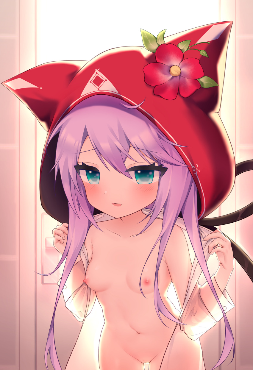 1girl absurdres animal_ears animal_hood blush breasts eperouge_(maimai) flower gluteal_fold green_eyes hair_ornament highres hood hood_up indoors long_hair looking_at_viewer maimai_(game) navel nipples nishihara534 nude pink_hair purple_hair pussy red_flower small_breasts smile solo very_long_hair window