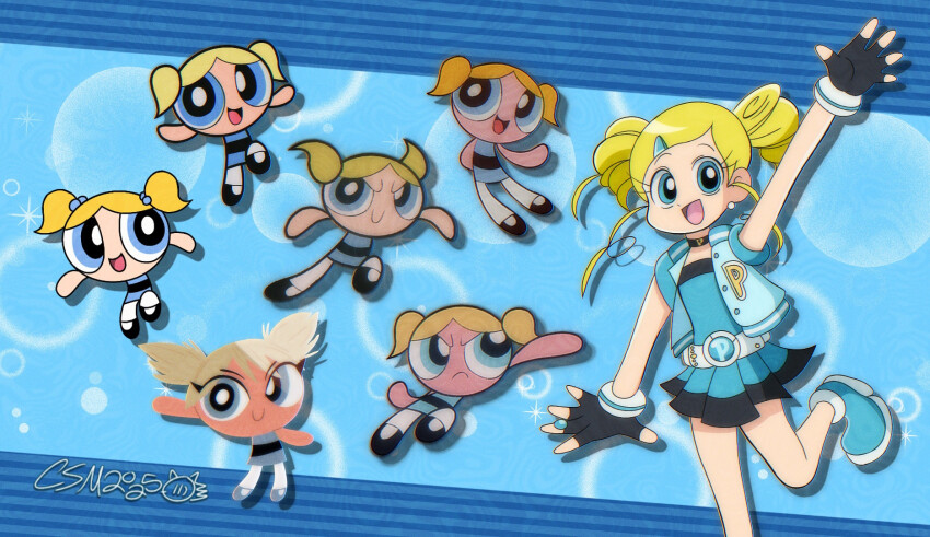 bad_tag blonde_hair blue_dress blue_eyes bubbles_(ppg) cartoon_network child classicsonicmaniac dress gloves goutokuji_miyako orange_hair ponytail powerpuff_girls powerpuff_girls_(2016) powerpuff_girls_z rolling_bubbles socks superheroine_costume toei_company twintails warner_bros.