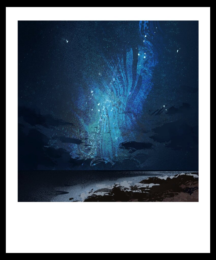 beach blue_theme cloud cloudy_sky commentary english_commentary galaxy highres horizon landscape nature night no_humans original photo_(object) scenery shore sky sky_focus twulfs