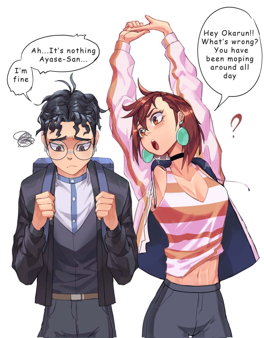 1boy 1girl ? arms_up artisticfelixd ayase_momo backpack bag black_choker black_hair black_jacket black_pants breasts brown_eyes brown_hair choker cleavage commentary cowl dandadan earrings english_commentary english_text frown furrowed_brow glasses hair_between_eyes highres holding holding_bag jacket jewelry looking_at_another medium_breasts midriff navel open_mouth pants parted_bangs round_eyewear shirt short_hair squiggle stretching striped_clothes striped_jacket striped_shirt takakura_ken_(dandadan) wavy_hair white_background