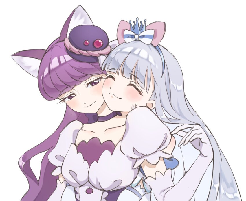 2girls animal_ears bow_hairband cat_ears cat_girl choker closed_eyes commentary_request crown cure_macaron cure_nyammy elbow_gloves food-themed_hair_ornament gloves hair_ornament hairband highres in-franchise_crossover kakawamasu_(masu_0421) kirakira_precure_a_la_mode kotozume_yukari long_hair looking_at_another macaron_hair_ornament magical_girl mini_crown multiple_girls nekoyashiki_yuki precure puffy_short_sleeves puffy_sleeves purple_choker purple_eyes purple_hair short_sleeves simple_background smile upper_body white_background white_gloves white_hair wonderful_precure! yuri