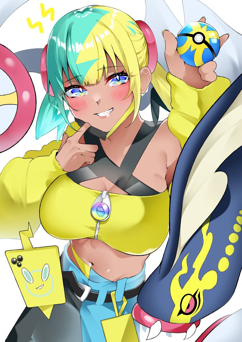 1girl absurdres bandeau belt black_pants blonde_hair blue_eyes blue_hair blue_pants blush breasts canari_(pokemon) cleavage commentary dark-skinned_female dark_skin eelektross english_commentary gen_4_pokemon gen_5_pokemon grin highres jacket large_breasts len_(hand_linke) long_sleeves looking_at_viewer mask medium_hair mouth_mask multicolored_hair navel nintendo pants poke_ball pokemon pokemon_legends:_z-a quick_ball rotom rotom_phone smile solo split-color_hair thighs twintails two-tone_mask two-tone_pants yellow_bandeau yellow_jacket