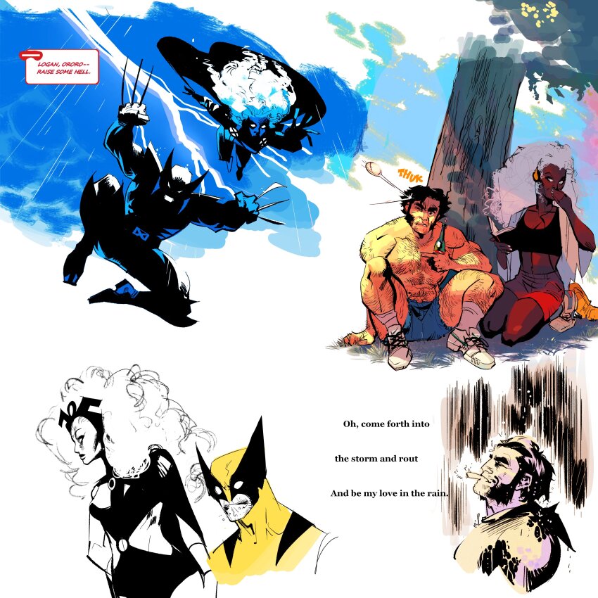 1boy 1girl absurdres cigarette claw_(weapon) commission couple dark-skinned_female dark_skin fancygoblin highres long_hair marvel muscular muscular_male rain smoking storm_(x-men) superhero_costume weapon white_hair wolverine_(x-men) x-men