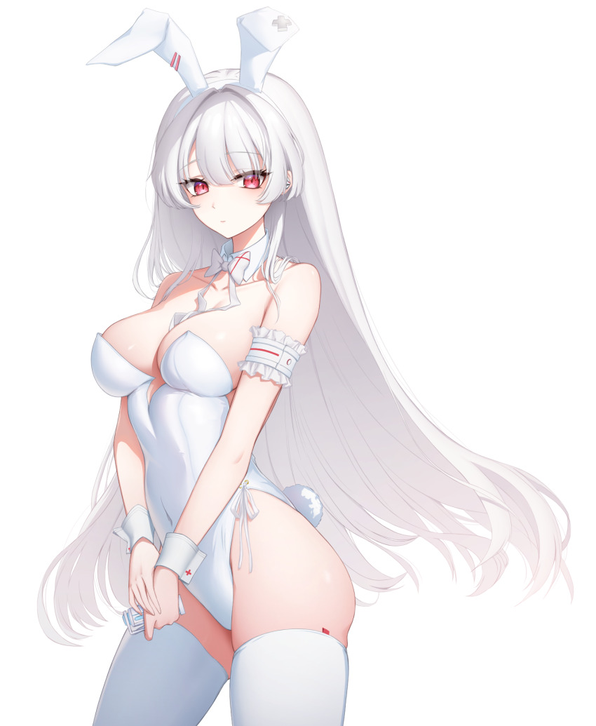 1girl animal_ears armband ass bare_shoulders bow bowtie breasts covered_navel cowboy_shot detached_collar earbuds earphones fake_animal_ears frilled_armband frills highleg highleg_leotard highres holding jdnyang large_breasts leotard long_hair looking_at_viewer original own_hands_together playboy_bunny rabbit_ears rabbit_tail red_eyes side-tie_leotard simple_background solo strapless strapless_leotard tail thighhighs very_long_hair white_background white_bow white_bowtie white_hair white_thighhighs wrist_cuffs
