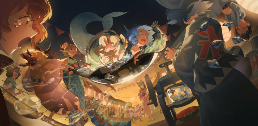 6+girls absurdres alternate_costume animal_ears bat_wings black_hair blonde_hair blue_hair blue_kimono bow brown_hair brown_horns cat_ears chen cirno commentary_request cone_horns dango detached_wings drill_hair fins fish flandre_scarlet food goldfish goldfish_scooping green_kimono green_skirt green_vest grey_horns hair_bow hairband hakurei_reimu hat hata_no_kokoro head_fins highres holding_hands horns ibuki_suika ice ice_shaver ice_wings imaizumi_kagerou japanese_clothes kijin_seija kimono kinoko_(kino2435006) konpaku_youmu lantern long_hair long_sleeves market_stall mask mask_on_head mermaid mob_cap monster_girl multicolored_hair multicolored_wings multiple_girls mystia_lorelei oni oni_mask open_mouth outdoors paper_lantern pink_eyes pink_hair pink_kimono pointy_ears purple_kimono red_bow red_eyes red_hair red_horns remilia_scarlet sanshoku_dango sekibanki sheep_horns siblings sisters skirt small_horns streaked_hair summer_festival tail touhou toutetsu_yuuma translation_request upside-down vest wagashi wakasagihime water wide_sleeves wings wok wolf_ears wolf_girl wolf_tail yukata