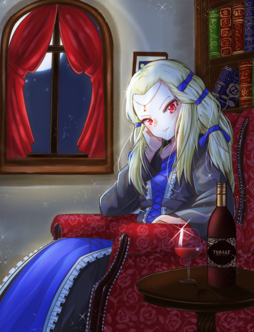 1girl ashikoshi_jakushi black_dress blonde_hair blue_dress blue_ribbon bookshelf bottle chair closed_mouth commentary_request cup curtains dress drinking_glass forehead forehead_jewel hair_ribbon hand_on_own_cheek hand_on_own_face highres indoors jikkyou_powerful_pro_yakyuu kamira_misa long_hair looking_at_viewer moon multicolored_dress night on_chair power_pro_appli red_eyes ribbon sitting solo table window wine_bottle wine_glass
