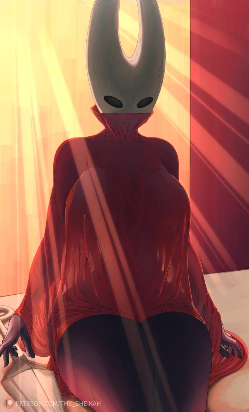 absurdres arthropod_girl bed bedroom black_skin breasts cloak colored_skin commentary english_commentary highres hollow_knight hollow_knight:_silksong hornet_(hollow_knight) horns large_breasts mask needle on_bed red_cloak see-through_clothes signature sitting the_sheikah thick_thighs thighs wide_hips