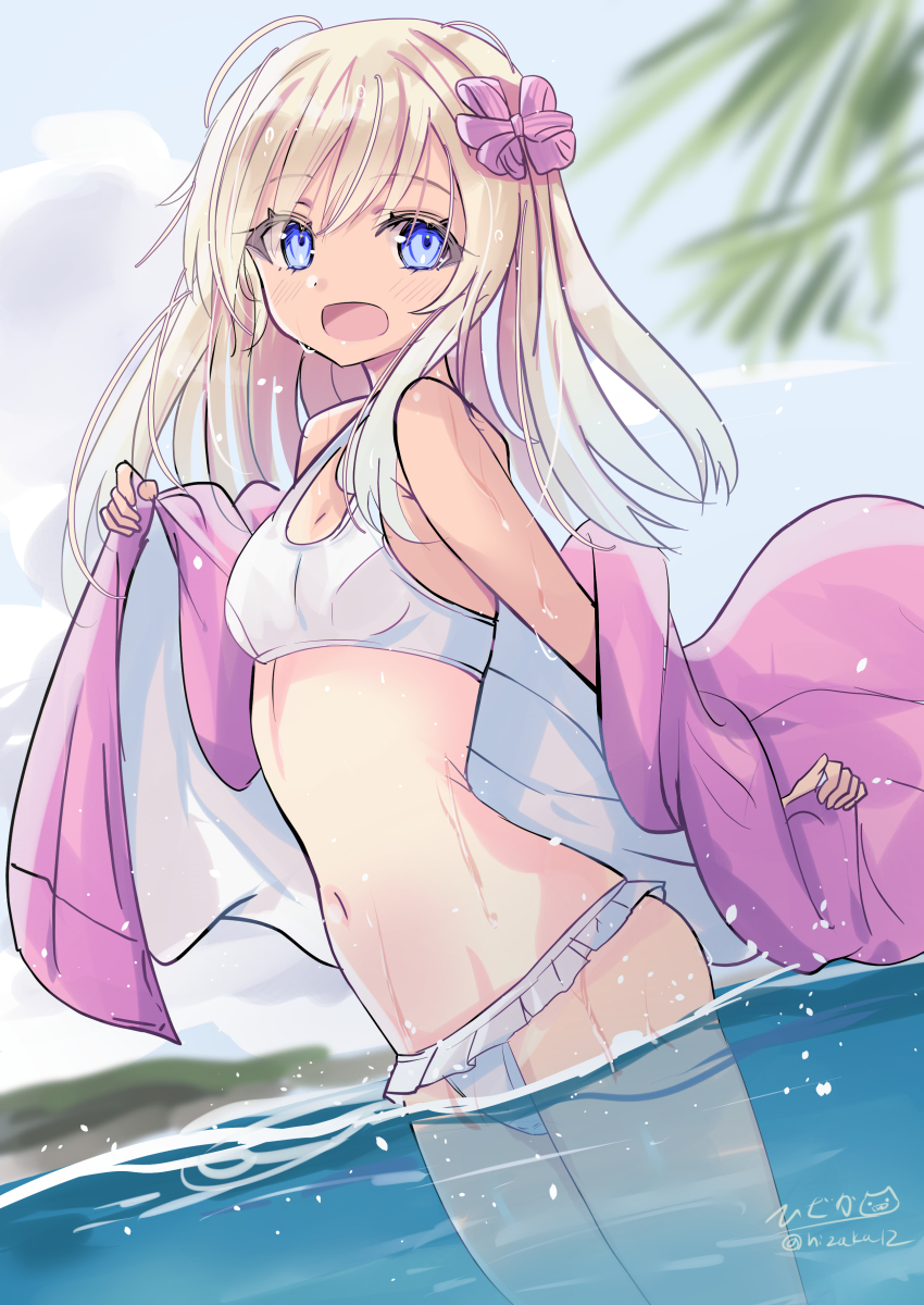 1girl absurdres ass bikini blonde_hair blue_eyes blush bow breasts cloud commentary_request cowboy_shot dutch_angle frilled_bikini frills from_side grey_sky hair_bow highres hizaka in_water jacket kantai_collection long_hair navel off_shoulder one-hour_drawing_challenge open_clothes open_jacket open_mouth pink_jacket plant ro-500_(kancolle) ro-500_(swimsuit)_(kancolle) signature skindentation sky small_breasts solo stomach swimsuit tan tanline twitter_username water white_bikini
