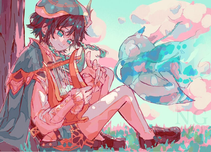 1boy 1other androgynous aqua_eyes aqua_hair argyle_clothes argyle_pantyhose ascot banthyo_hiyo beret black_hair black_shoes blue_sky braid buttons cape closed_mouth cloud cloudy_sky collared_shirt creature day flower frills genshin_impact gradient_hair grass green_cape green_hat green_shorts hair_between_eyes hands_up hashtag-only_commentary hat hat_flower hat_ornament highres holding holding_instrument holding_lyre instrument leaf_hat_ornament long_sleeves looking_at_another lyre male_focus multicolored_hair outdoors pantyhose pink_flower puffy_long_sleeves puffy_sleeves shadow shirt shoes short_hair shorts sitting sky smile tree twin_braids two-tone_hair venti_(genshin_impact) watermark white_ascot white_flower white_pantyhose white_shirt