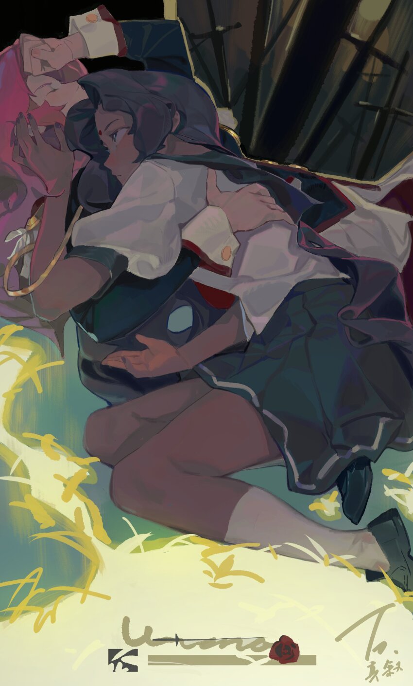 0nel606 2girls absurdres bindi black_hair black_shoes closed_eyes commentary dark-skinned_female dark_skin flower green_eyes green_skirt highres himemiya_anthy long_hair looking_at_another lying multiple_girls on_side ootori_gakuen_school_uniform pink_hair puffy_short_sleeves puffy_sleeves red_flower red_rose rose school_uniform shirt shoes short_sleeves shoujo_kakumei_utena skirt socks tenjou_utena white_shirt white_socks