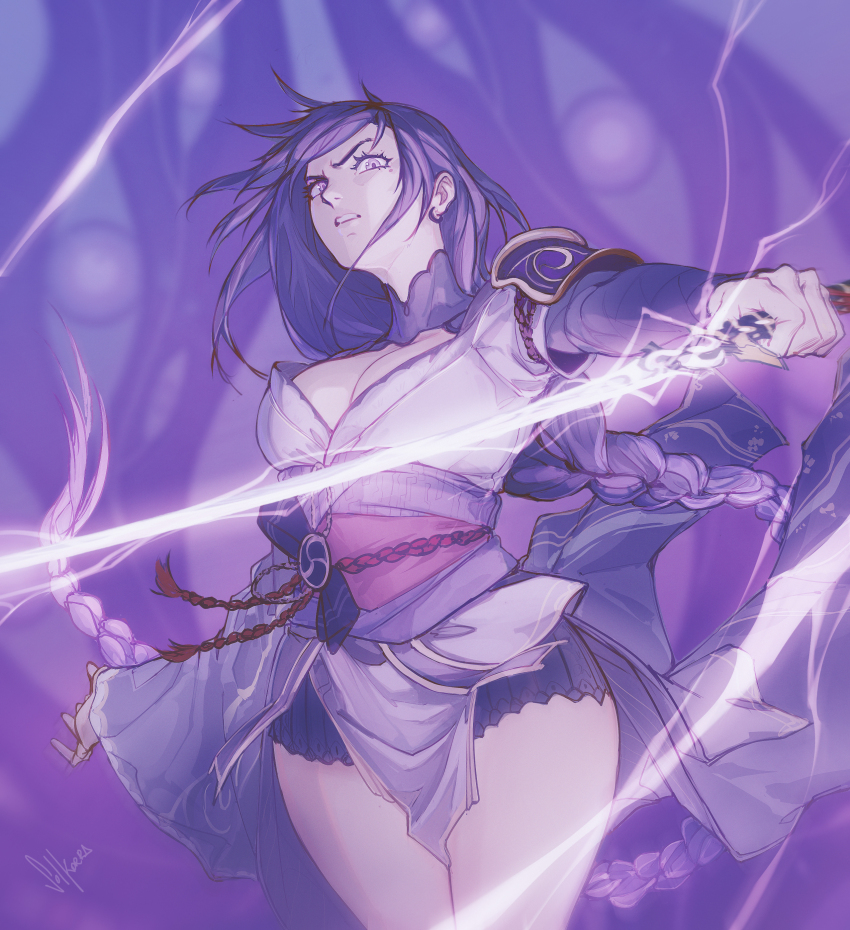 1girl absurdres angry arm_up armor blurry blurry_background braid breasts bridal_gauntlets cleavage clenched_teeth commentary electricity english_commentary genshin_impact glaring glowing glowing_sword glowing_weapon hair_flowing_over head_tilt highres holding holding_sword holding_weapon huge_breasts japanese_clothes katana kimono lingerie long_braid looking_at_viewer looking_to_the_side mole mole_under_eye musou_isshin_(genshin_impact) off_shoulder powering_up purple_background purple_kimono purple_thighhighs raiden_shogun red_sash sash shade shoulder_armor single_braid solkorra solo standing statue statue_of_the_seven sword teeth thick_thighs thighhighs thighs underwear upper_body weapon wide_sleeves wings