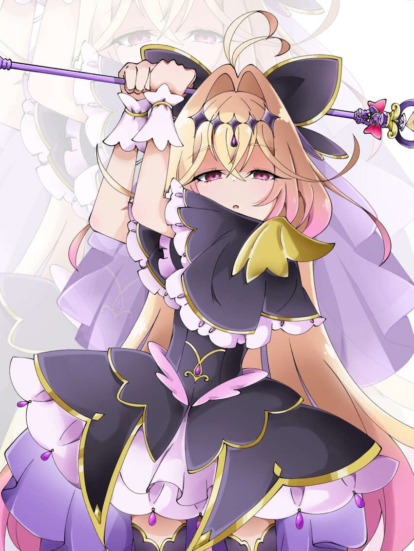1girl antenna_hair black_bow black_capelet black_dress blonde_hair bow brooch capelet cure_arcana_shadow dress gradient_hair hair_bow hair_intakes heart heart_brooch highres holding holding_staff jewelry long_hair looking_at_viewer magical_girl meitantei_precure! moria_luluka multicolored_hair open_mouth precure purple_eyes purple_veil solo staff tear_arcana_rod twilifnx veil wrist_cuffs zoom_layer