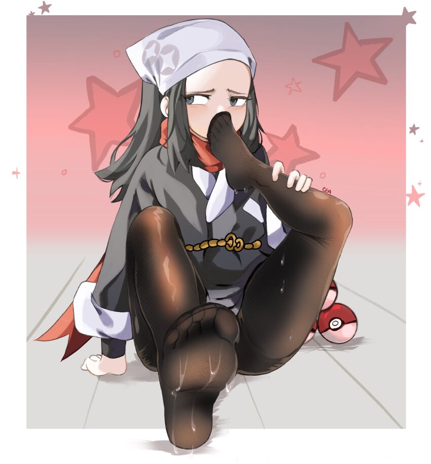 1girl akari_(pokemon) artist_name black_hair blush border brown_pantyhose commentary convenient_leg cyadraws english_commentary feet foot_focus forehead foreshortening full_body gradient_background grey_background grey_eyes headscarf highres japanese_clothes leg_up legs long_sleeves looking_to_the_side nintendo no_shoes pantyhose pink_background poke_ball pokemon pokemon_legends:_arceus ponytail red_scarf scarf shadow sitting smell smelling smelling_self soles solo star_(symbol) sweat sweatdrop thighs toe_seam toes wet wet_clothes white_border white_headscarf