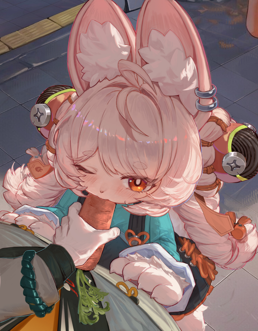 1girl absurdres animal_ear_fluff animal_ear_piercing animal_ears animal_hands black_dress blue_shirt body_fur braid carrot chinese_clothes chinese_commentary commentary_request dress furry furry_female hair_ornament highres holding holding_carrot loli long_hair official_alternate_costume one_eye_closed pinafore_dress pink_fur pink_hair rabbit_ears rabbit_girl red_eyes sexually_suggestive shirt sleeveless sleeveless_dress sphere_hair_ornament thick_eyebrows tooraracat twin_braids wise_(soaring_crane)_(zenless_zone_zero) wise_(zenless_zone_zero) zenless_zone_zero zhao_(zenless_zone_zero)