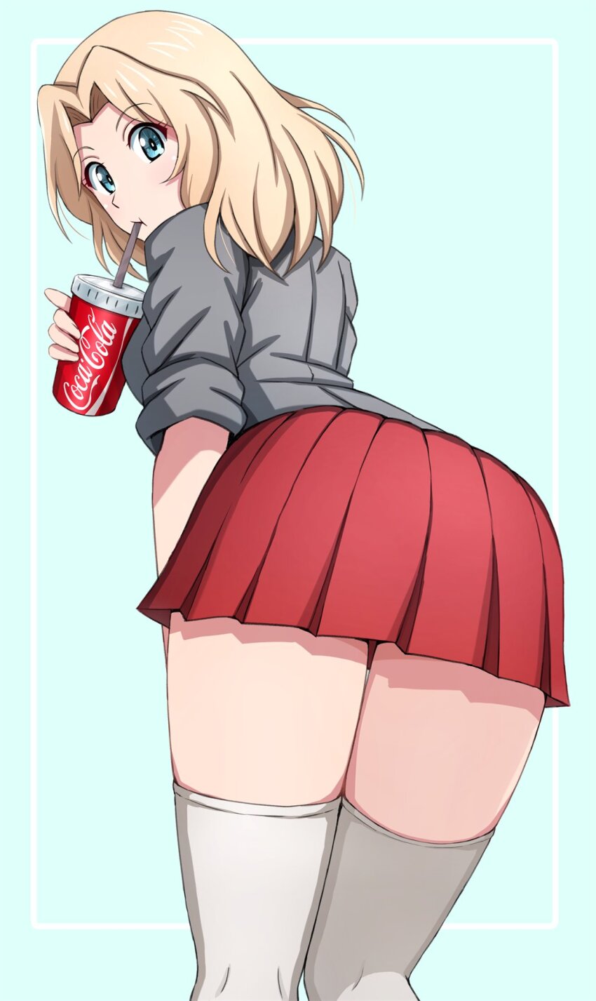 1girl :t aqua_background ass blonde_hair blue_eyes breasts coca-cola cup disposable_cup drinking_straw drinking_straw_in_mouth from_behind girls_und_panzer grey_jacket hair_intakes hashtag-only_commentary highres holding holding_cup jacket kay_(girls_und_panzer) leaning_forward looking_at_viewer looking_back miniskirt omachi_(slabco) pleated_skirt red_skirt school_uniform simple_background skirt solo thighhighs white_thighhighs zettai_ryouiki