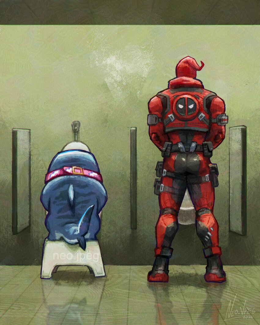2boys absurdres ass bathroom bodysuit chair commentary deadpool deadpool_(series) english_commentary highres holding jeff_(marvel) male_focus marvel marvel_rivals mask multiple_boys muscular muscular_male neo_jpeg peeing red_mask shark superhero_costume