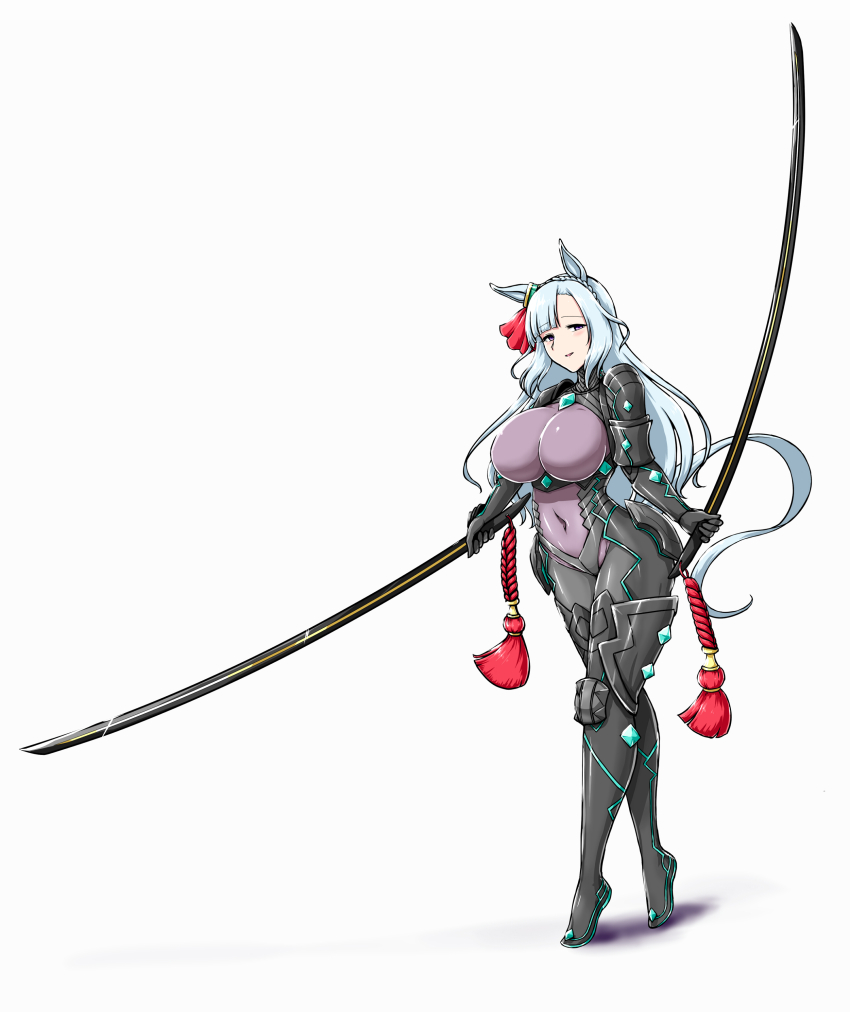1girl absurdres animal_ears armor black_armor blue_hair bodysuit bow braid breasts commentary_request cosplay crown_braid deno_(denomina0) dual_wielding ear_bow ear_ornament ear_ribbon fate_(series) full_body highres holding holding_sword holding_weapon horse_ears horse_girl horse_tail impossible_bodysuit impossible_clothes large_breasts long_hair looking_at_viewer mejiro_ardan_(umamusume) multicolored_bodysuit neon_trim open_mouth purple_bodysuit purple_eyes simple_background smile solo standing sword tail two-tone_bodysuit umamusume ushi_gozen_(fate) ushi_gozen_(fate)_(cosplay) weapon white_background