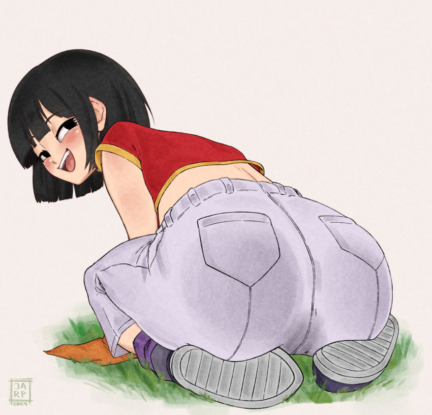 1girl ass ass_focus bandana black_eyes black_hair blush denim dragon_ball dragon_ball_gt from_behind huge_ass jarp-art jeans kneeling kyojiri_loli loli looking_at_viewer looking_back open_mouth orange_bandana pan_(dragon_ball) pants red_shirt shirt shoes simple_background tagme unworn_bandana watermark white_background
