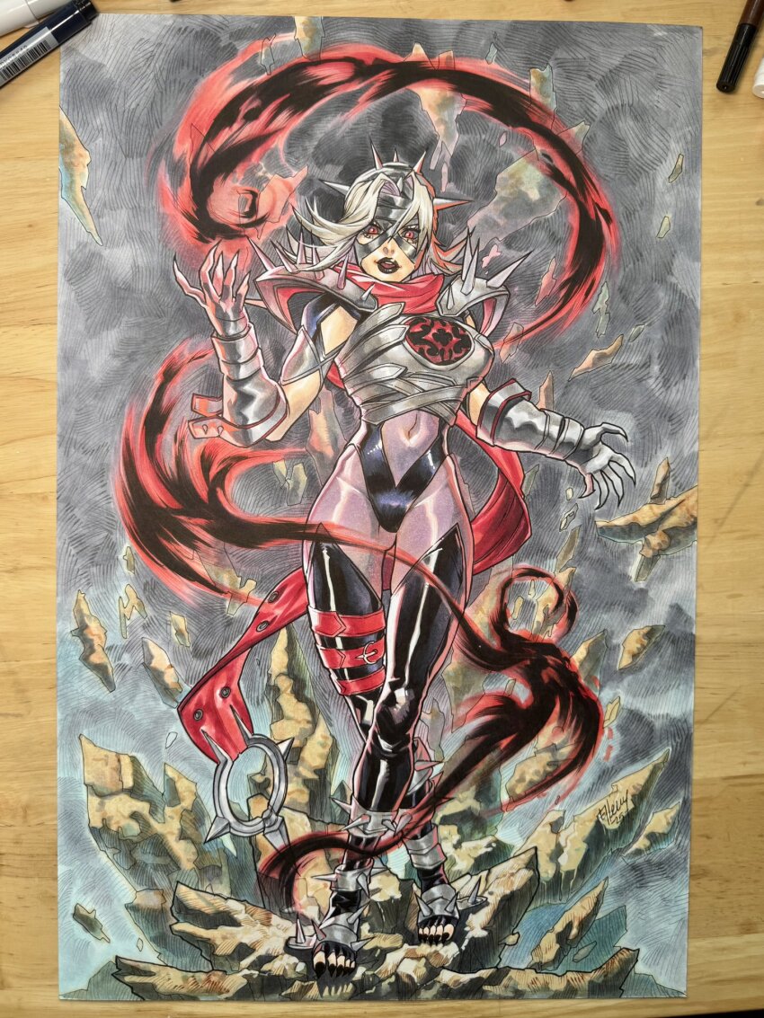 1girl armor art_of_ellery art_tools_in_frame black_leotard black_lips black_nails black_sclera breasts clothing_cutout colored_sclera dark_persona fantastic_four floating_clothes full_body grey_background hashtag-only_commentary highres large_breasts leotard long_hair looking_at_viewer malice_(sue_storm) marker marvel marvel_rivals navel official_alternate_costume open_mouth pauldrons purple_bodystocking red_eyes red_scarf rock scarf shoulder_armor solo spiked_pauldrons spikes stomach_cutout sue_storm toes traditional_media white_hair