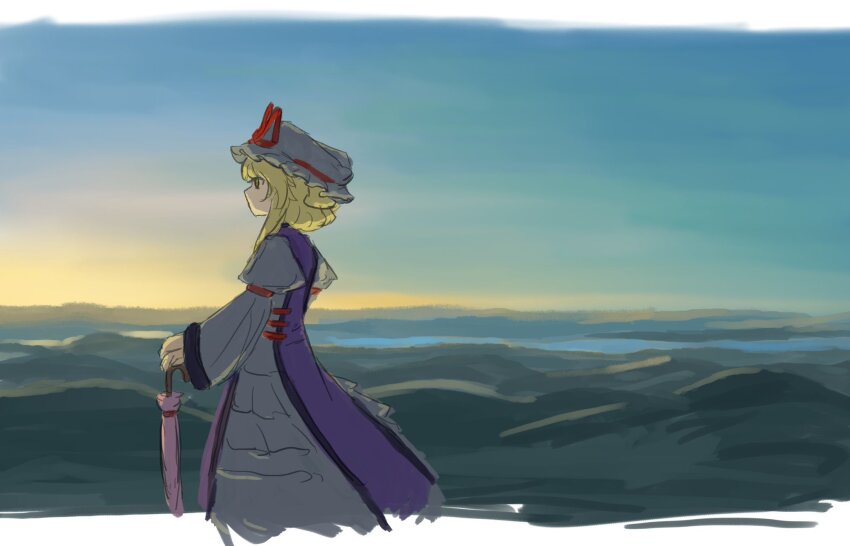 1girl blonde_hair blue_sky clear_sky commentary_request cowboy_shot dress hat highres juliet_sleeves long_sleeves looking_afar mob_cap no_mouth outdoors profile puffy_sleeves purple_tabard ritsuzou short_hair sky solo sunrise tabard touhou white_dress white_hat yakumo_yukari