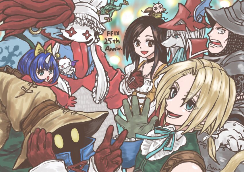 1boy 3girls 4boys adelbert_steiner amarant_coral anniversary aqua_ribbon armor artist_name ascot bare_shoulders beard bib black_choker black_mage_(final_fantasy) blonde_hair blue_ascot blue_coat blue_hair blue_sky blue_wrist_cuffs bodysuit bow breasts brown_eyes brown_gloves brown_hair burmecian cat_tail chef_hat choker cleavage coat copyright_name creature cropped_vest dreadlocks earrings eiko_carol facial_hair final_fantasy final_fantasy_ix freya_crescent frog furrowed_brow garnet_til_alexandros_xvii gloves green_eyes green_vest grey_gloves grey_hair hair_bow hair_over_eyes hand_on_headwear hand_on_own_chest hat helm helmet highres hoop_earrings horns jewelry long_hair low_ponytail medium_breasts moogle mouse_girl multiple_boys multiple_girls neck_ribbon open_mouth orange_bodysuit parted_bangs pauldrons ponytail quina_quen red_hair red_helmet red_sweater ribbon shirt short_hair shoulder_armor shoulder_tattoo single_horn skirt sky smile sweater tail tattoo tongue tongue_out u5apy0n upper_body v vest vivi_ornitier waving white_gloves white_shirt white_skirt winged_helmet wizard_hat wrist_cuffs yellow_bow yellow_eyes zidane_tribal