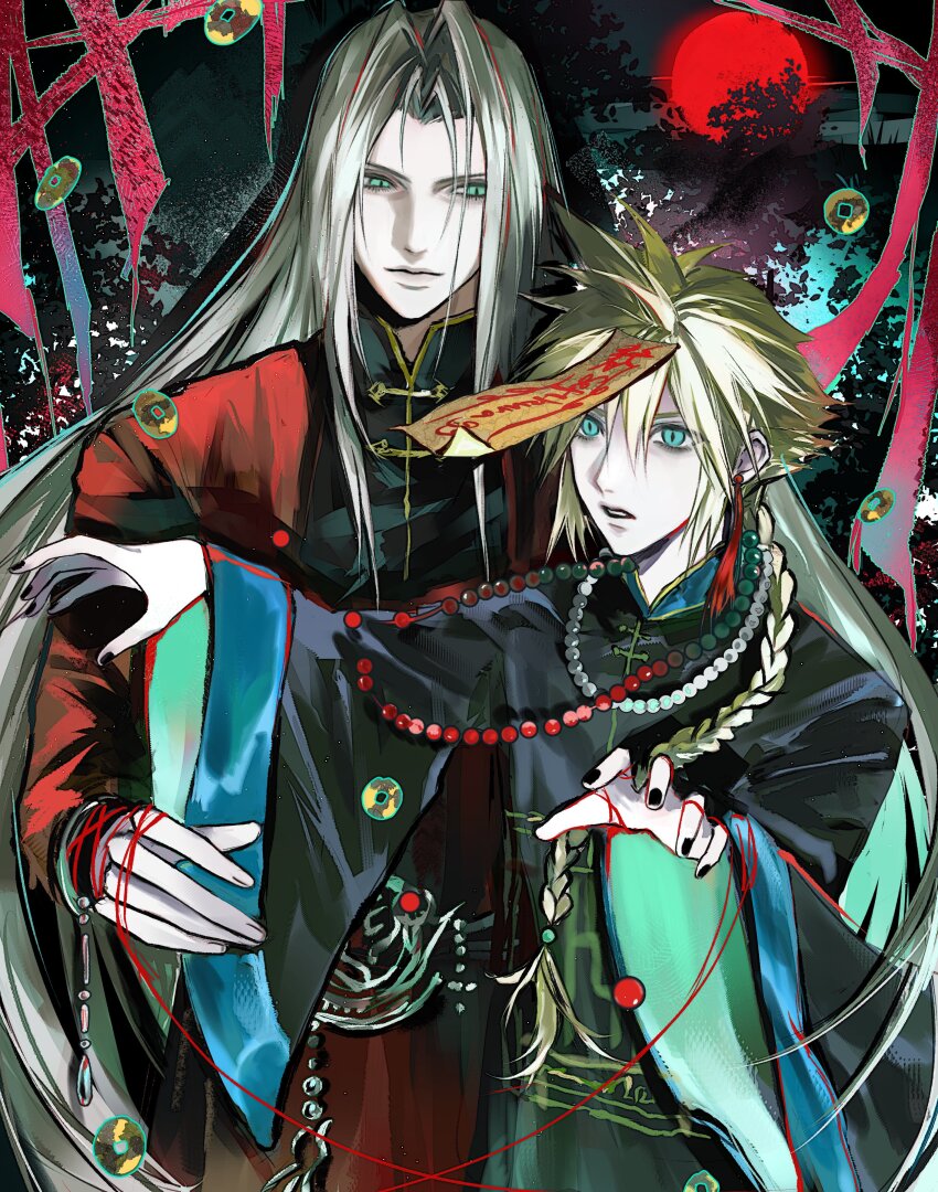 2boys 3_3lecho absurdres alternate_costume alternate_hair_length alternate_hairstyle bead_necklace beads black_nails blonde_hair braid changpao chinese_clothes cloud_strife coin commentary earrings english_commentary final_fantasy final_fantasy_vii final_fantasy_vii_remake foliage green_eyes grey_hair hair_over_shoulder highres holed_coin jewelry jiangshi long_bangs long_hair looking_at_another male_focus mandarin_collar moon multiple_boys necklace night official_alternate_eye_color ofuda outdoors outstretched_arms parted_bangs red_moon sephiroth short_hair single_braid slit_pupils spiked_hair string string_of_fate tassel tassel_earrings upper_body very_long_hair wide_sleeves