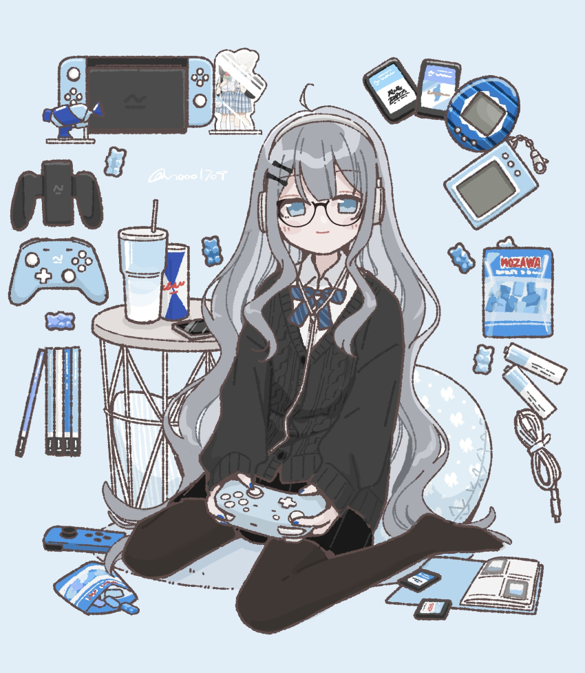 1girl battery black_skirt blue_bow blue_bowtie bow bowtie cable can closed_mouth commentary_request controller cup drink_can full_body game_cartridge game_controller glasses grey_hair grey_sweater headphones highres holding holding_controller holding_game_controller long_hair long_sleeves looking_at_viewer miniskirt nintendo_switch nozawa_(nooo1709) original pantyhose sitting skirt soda_can solo sweater table tamagotchi_(virtual_pet) very_long_hair virtual_pet_(toy)