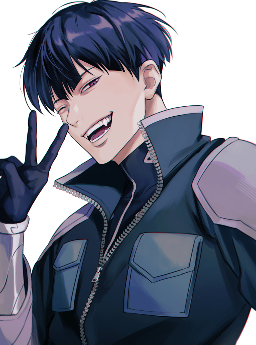 1boy absurdres bin_(binonep) black_gloves black_hair commentary_request fangs gloves highres hoshina_soshiro jacket kaijuu_no._8 korean_commentary looking_at_viewer male_focus one_eye_closed open_mouth partially_unzipped pocket_square purple_eyes short_hair simple_background solo teeth upper_body v white_background zipper zipper_pull_tab