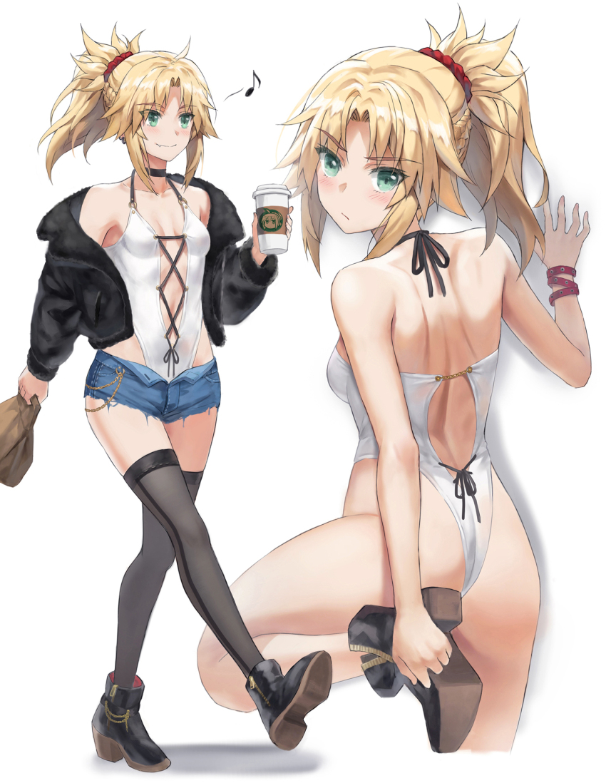 1girl ass back bare_shoulders black_jacket blonde_hair blue_shorts boots braid breasts fate/apocrypha fate_(series) green_eyes hair_ornament hair_scrunchie half_up_braid highleg highleg_one-piece_swimsuit highres jacket long_hair long_sleeves looking_at_viewer looking_back mordred_(fate) mordred_(fate/apocrypha) multiple_views one-piece_swimsuit open_clothes open_jacket parted_bangs ponytail scrunchie shorts sidelocks small_breasts swimsuit tonee variant_set white_one-piece_swimsuit