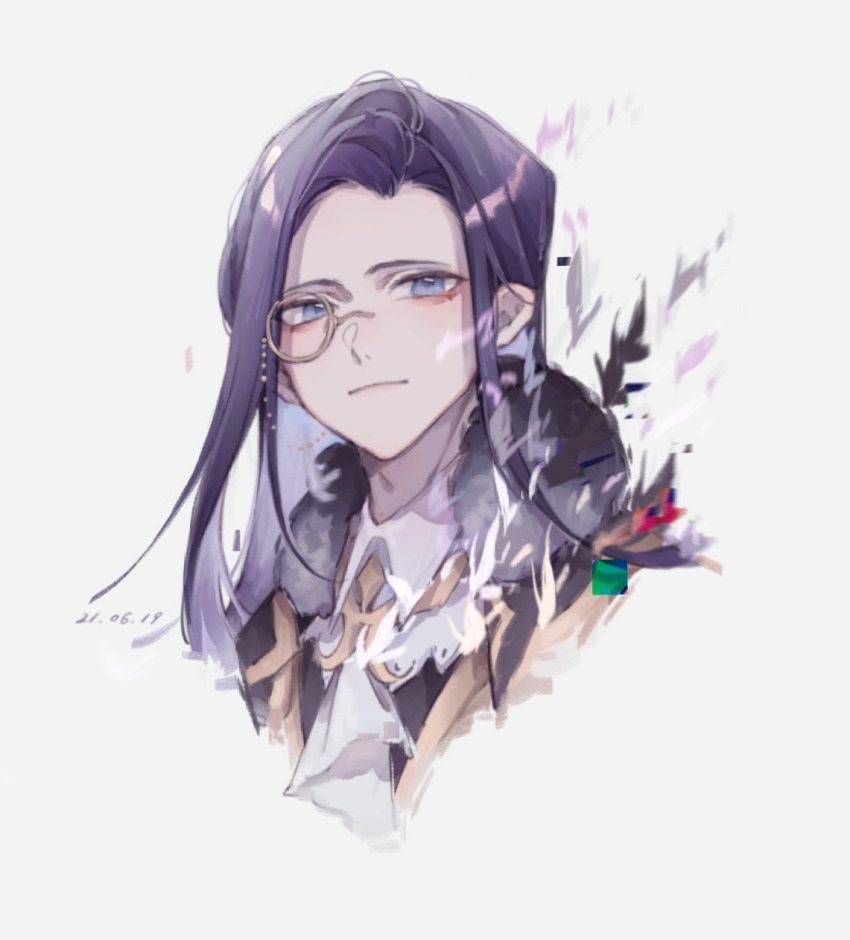 1boy aegyo_sal ascot black_cape blue_eyes brooch cape chinese_commentary clarence_clayden clarence_clayden_(godheim) closed_mouth collared_shirt commentary_request cropped_head curtained_hair dated fur-trimmed_cape fur_trim glitch highres jewelry light_smile long_hair looking_at_viewer lovebrush_chronicles male_focus mole mole_under_eye monocle parted_bangs purple_hair shiguilinga shirt simple_background solo white_ascot white_background white_shirt