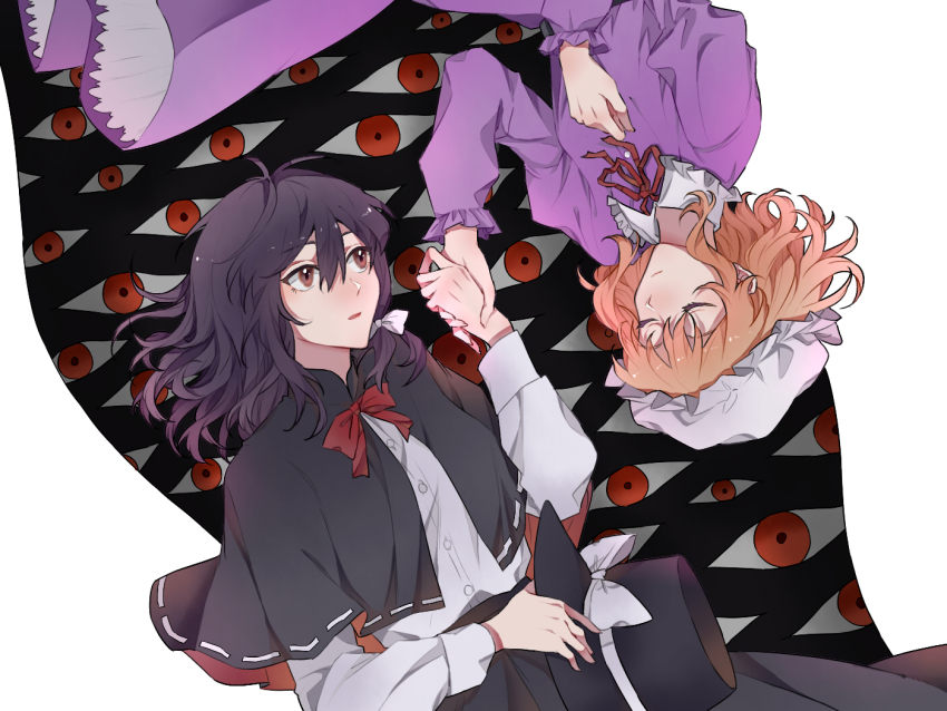 2girls black_capelet black_skirt blonde_hair bow bowtie brown_eyes brown_hair buttons capelet chinese_commentary closed_eyes commentary_request dress frilled_shirt_collar frilled_sleeves frills gap_(touhou) hair_ribbon hat hat_bow hat_ribbon hitte5416 holding holding_hands holding_unworn_clothes holding_unworn_hat maribel_hearn mob_cap multiple_girls neck_ribbon open_mouth petticoat purple_dress red_bow red_bowtie red_eyes red_ribbon ribbon ribbon-trimmed_capelet ribbon_trim shirt shirt_tucked_in skirt touhou tress_ribbon two-sided_fabric unworn_hat unworn_headwear upside-down usami_renko white_hat white_ribbon white_shirt wrist_cuffs