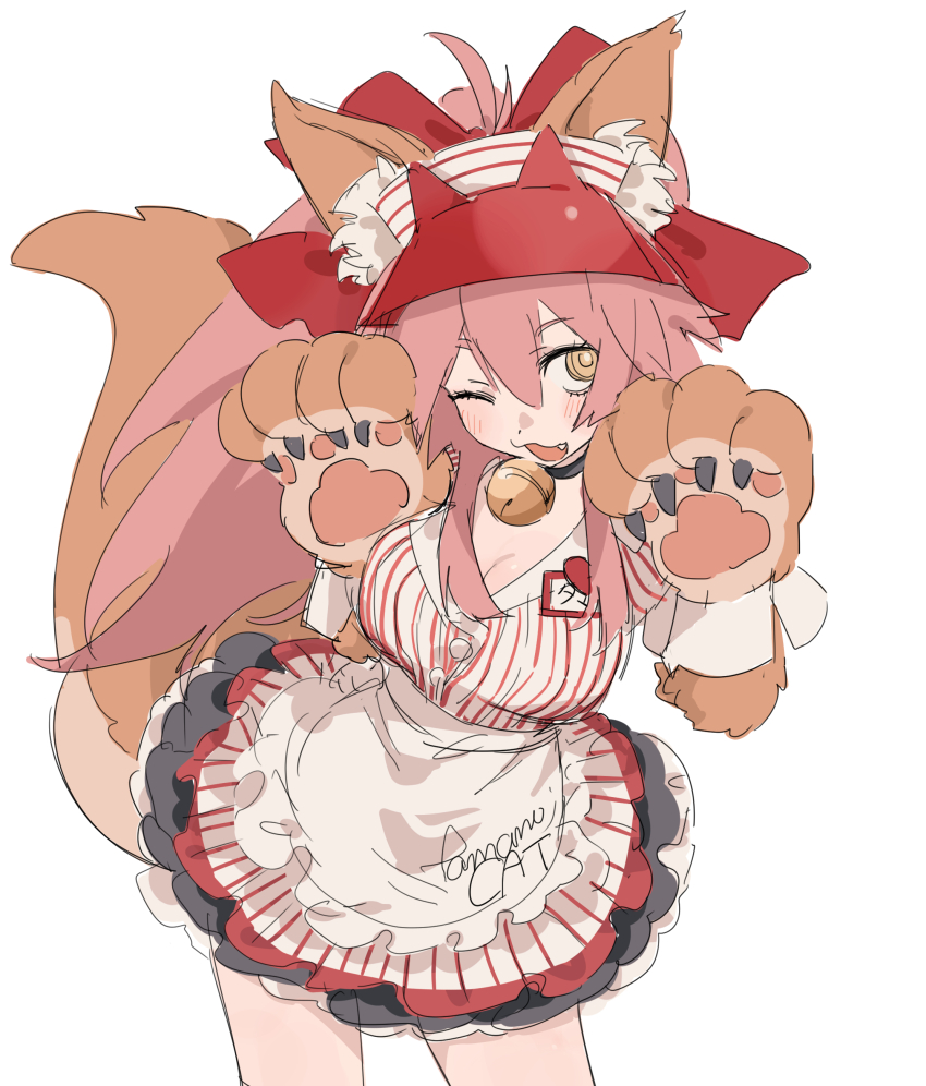 1girl absurdres animal_ear_fluff animal_ears animal_hands apron bell blush bow breasts cleavage dress fate/grand_order fate_(series) fox_ears fox_girl fox_tail gloves hair_between_eyes hair_bow hat highres jingle_bell kaigan0211 large_breasts long_hair looking_at_viewer neck_bell one_eye_closed open_mouth paw_gloves pink_hair ponytail puffy_short_sleeves puffy_sleeves red_bow red_dress red_hat short_sleeves sidelocks smile solo striped_clothes striped_dress tail tamamo_cat_(fate) tamamo_cat_(lostroom_outfit)_(fate) thighs visor_cap waist_apron wrist_cuffs yellow_eyes