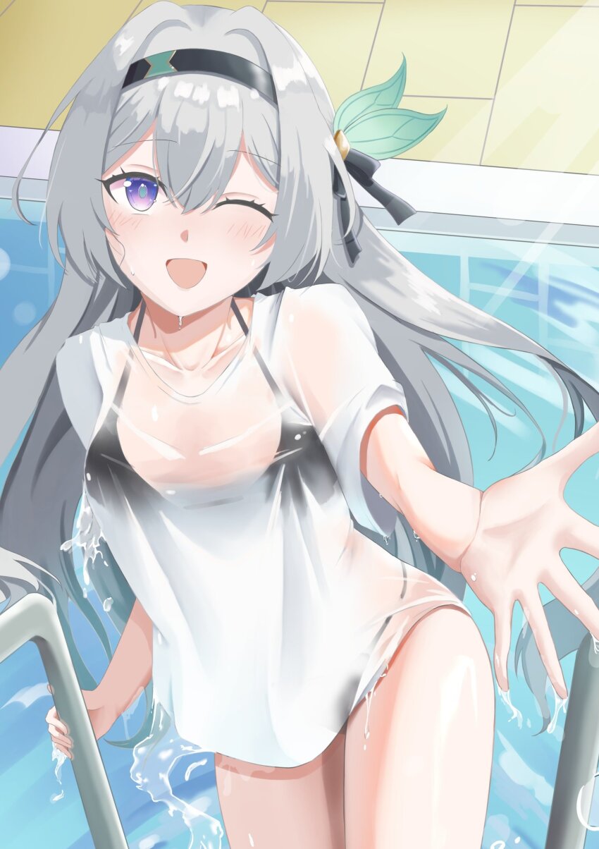 1girl absurdres bikini black_bikini black_hairband black_ribbon blue_pupils blush commentary_request firefly_(honkai:_star_rail) gradient_eyes gradient_hair grey_hair hair_between_eyes hair_intakes hair_ornament hair_ribbon hairband highres honkai:_star_rail honkai_(series) mataro_san8 multicolored_eyes multicolored_hair offering_hand one_eye_closed open_mouth pool pool_ladder ribbon shirt smile solo swimsuit wet wet_clothes white_shirt