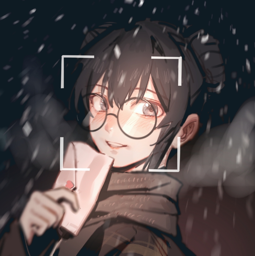 1girl black-framed_eyewear black_hair blurry blurry_background blurry_foreground blush breath chinese_commentary commentary double_bun glasses grey_eyes grey_scarf hair_bun highres holding holding_letter letter looking_at_viewer looking_back love_letter open_mouth original round_eyewear scarf smile snowing solo teeth upper_teeth_only viewfinder wangmou_zilaojuan