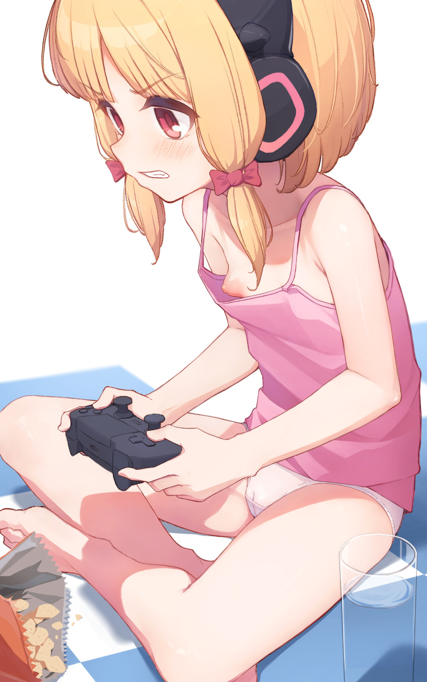 1girl animal_ear_headphones animal_ears bag_of_chips bare_arms bare_legs bare_shoulders barefoot blonde_hair blue_archive blunt_bangs blush bow breast_slip breasts cameltoe camisole cat_ear_headphones cat_ears chips_(food) clenched_teeth collarbone controller cup drinking_glass fake_animal_ears food from_side game_controller hair_bow halo headphones highres holding holding_controller holding_game_controller hudeako loli low_twintails momoi_(blue_archive) nipple_slip nipples no_pants open_mouth panties pink_bow pink_camisole pink_eyes playing_games potato_chips red_eyes revision short_hair sidelocks simple_background sitting small_breasts solo spread_legs teeth thighs twintails underwear underwear_only water white_background white_panties
