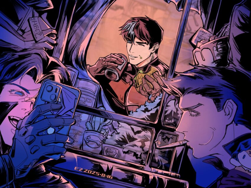 bat_signal batman_(series) batman_symbol black_bodysuit black_gloves black_hair blue_eyes bodysuit damian_wayne dc_comics dick_grayson e2_yhxloki gloves grey_bodysuit holding jason_todd male_focus multicolored_bodysuit muscular muscular_male nightwing red_hood_(dc) red_hood_and_the_outlaws robin_(dc) short_hair superhero_costume taut_bodysuit two-tone_bodysuit