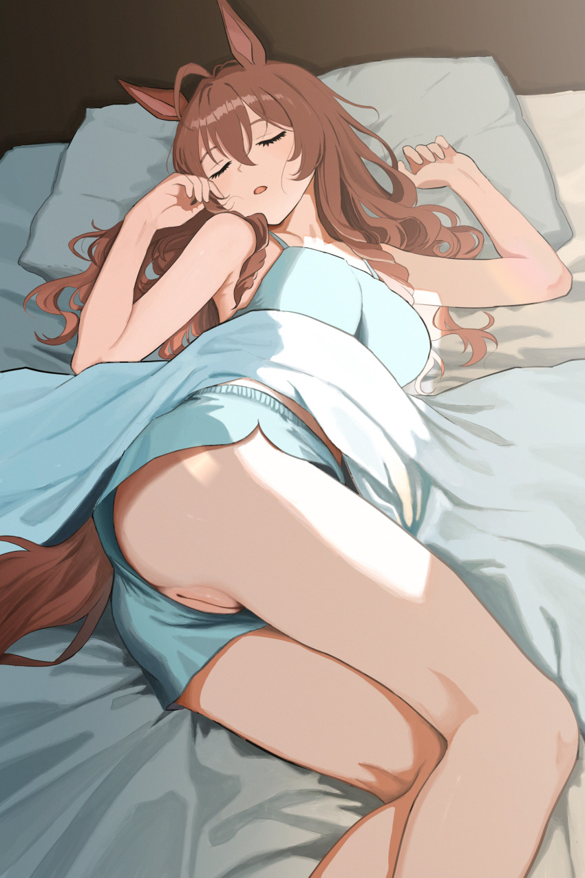 1girl absurdres acreen ahoge animal_ears bed_sheet blue_shorts blue_tank_top breasts brown_hair closed_eyes clothing_aside dolphin_shorts eyelashes feet_out_of_frame hair_between_eyes highres horse_ears horse_girl horse_tail indoors large_breasts long_bangs long_hair lying mejiro_bright_(umamusume) on_bed on_side open_mouth pillow pussy shorts shorts_aside sleeping solo tail tank_top umamusume uncensored variant_set wavy_hair