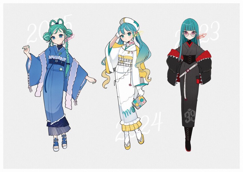 39 adapted_costume alternate_costume alternate_hairstyle aqua_eyes aqua_hair beret black_boots black_kimono blonde_hair blue_kimono boots braid closed_mouth commentary_request double_bun gradient_hair hair_bun hat hatsune_miku highres holding japanese_clothes kimono kitton_(hekiku13) long_hair looking_at_viewer magical_mirai_(vocaloid) magical_mirai_miku magical_mirai_miku_(2023) magical_mirai_miku_(2024) magical_mirai_miku_(2025) multicolored_hair sunglasses very_long_hair vocaloid white_hat white_kimono