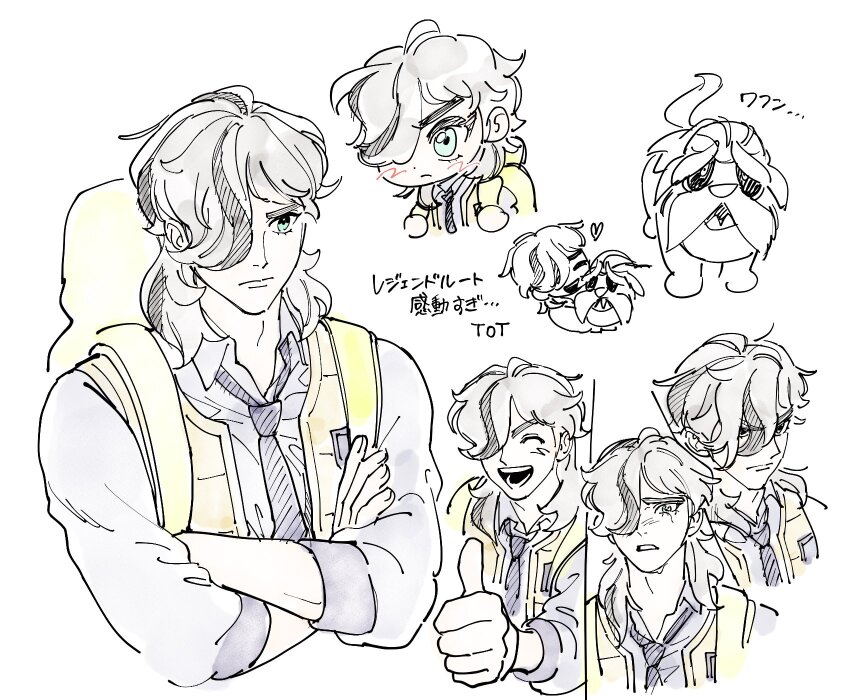 1boy arven_(pokemon) brown_hair character_backpack collared_shirt commentary crossed_arms crying crying_with_eyes_open hair_over_one_eye highres light_blush long_hair mabosstiff male_focus multicolored_hair necktie nintendo open_clothes open_mouth open_vest pkmnrkgk pokemon pokemon_(creature) pokemon_sv purple_necktie school_uniform shirt smile tears thumbs_up two-tone_hair uva_academy_(emblem) uva_academy_school_uniform vest yellow_bag yellow_vest