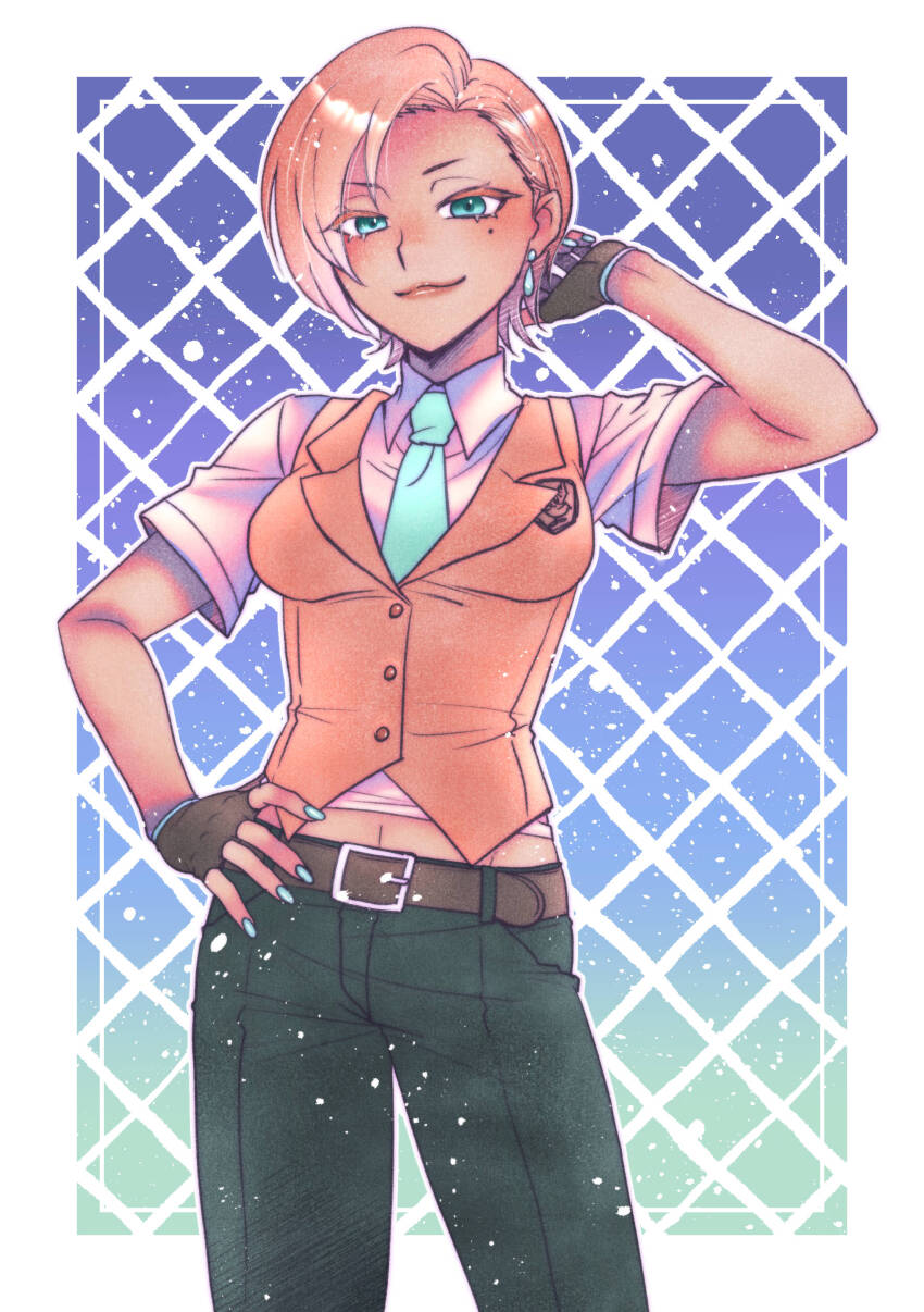 1girl absurdres ao_(yashuring) aqua_eyes aqua_nails asymmetrical_bangs bad_tag belt breasts buttons character_request checkered_background colored_eyelashes commentary_request commission copyright_request cowboy_shot crest dark-skinned_female dark_skin earrings fingerless_gloves gloves gradient_background hand_on_own_hip highres jewelry looking_at_viewer medium_breasts mole mole_under_eye nail_polish navel necktie pants pink_hair short_hair short_sleeves skeb_commission smile solo standing vest