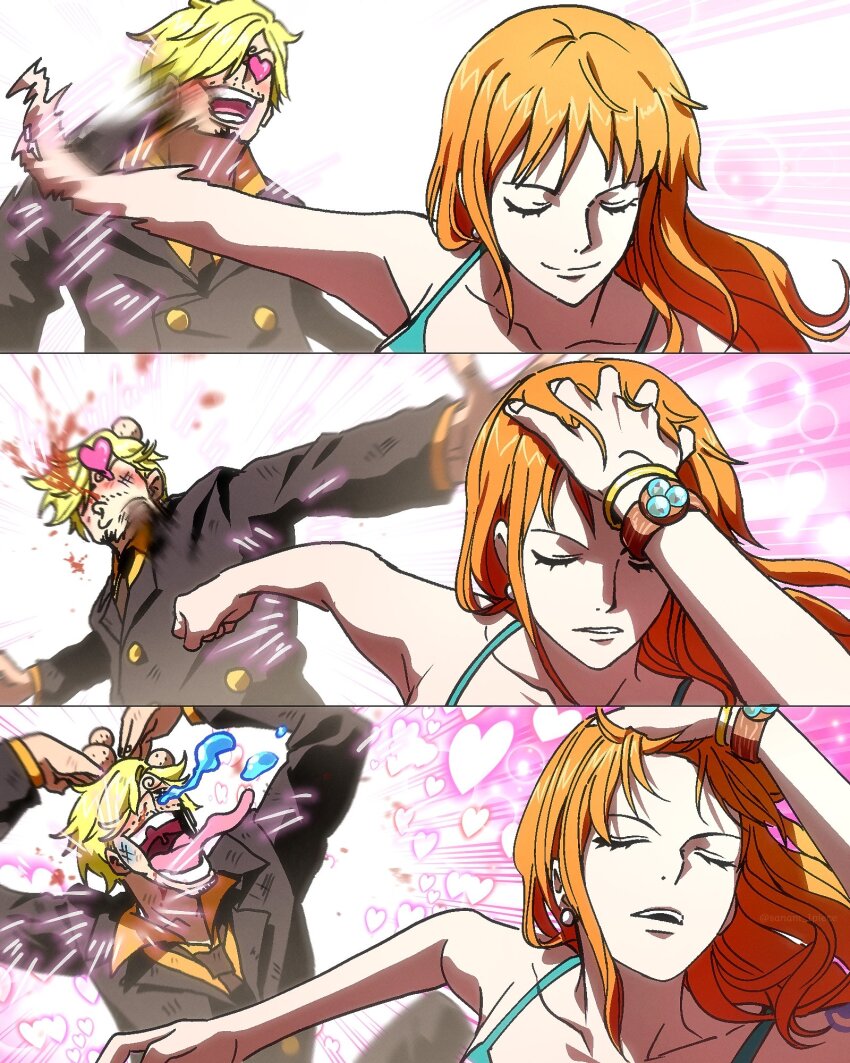 1boy 1girl aqua_shirt arm_behind_back bare_arms bare_shoulders black_jacket black_necktie blonde_hair blood bracelet closed_eyes closed_mouth collared_shirt commentary curly_eyebrows derivative_work earrings gold_bangle hand_in_pocket hands_on_own_head heart heart-shaped_eyes highres jacket jewelry long_hair looking_at_another meme nami_(one_piece) naoya_hitting_choso_without_looking_(meme) necktie nosebleed one_piece open_mouth orange_hair parted_lips sanam_1piece sanji_(one_piece) shirt short_hair smile symbol-only_commentary tongue tongue_out yellow_shirt