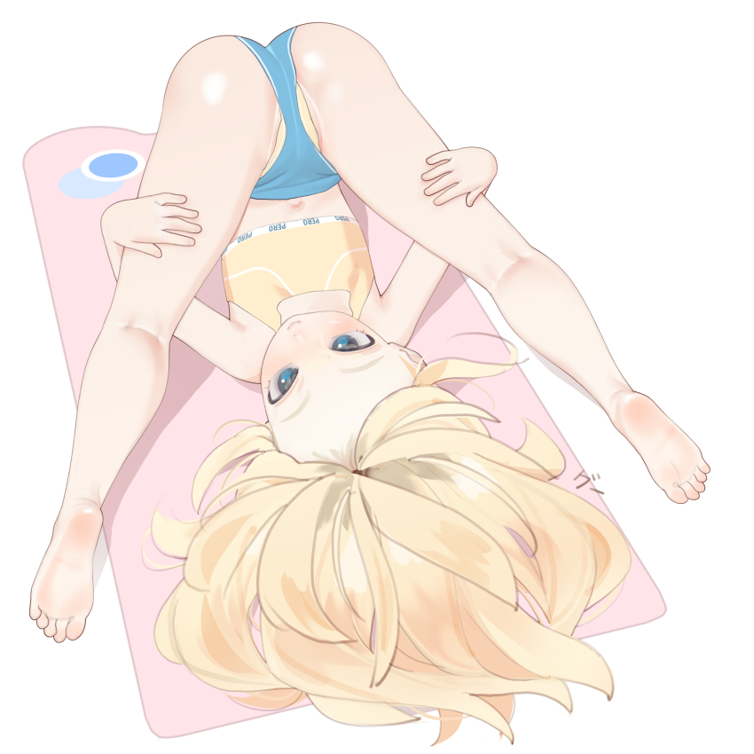 1girl barefoot blonde_hair blue_eyes blue_shorts blush crop_top flat_chest flexible full_body goophilia highres legs_up loli long_hair looking_up lying mat on_back open_mouth original short_shorts shorts simple_background soles solo toes white_background