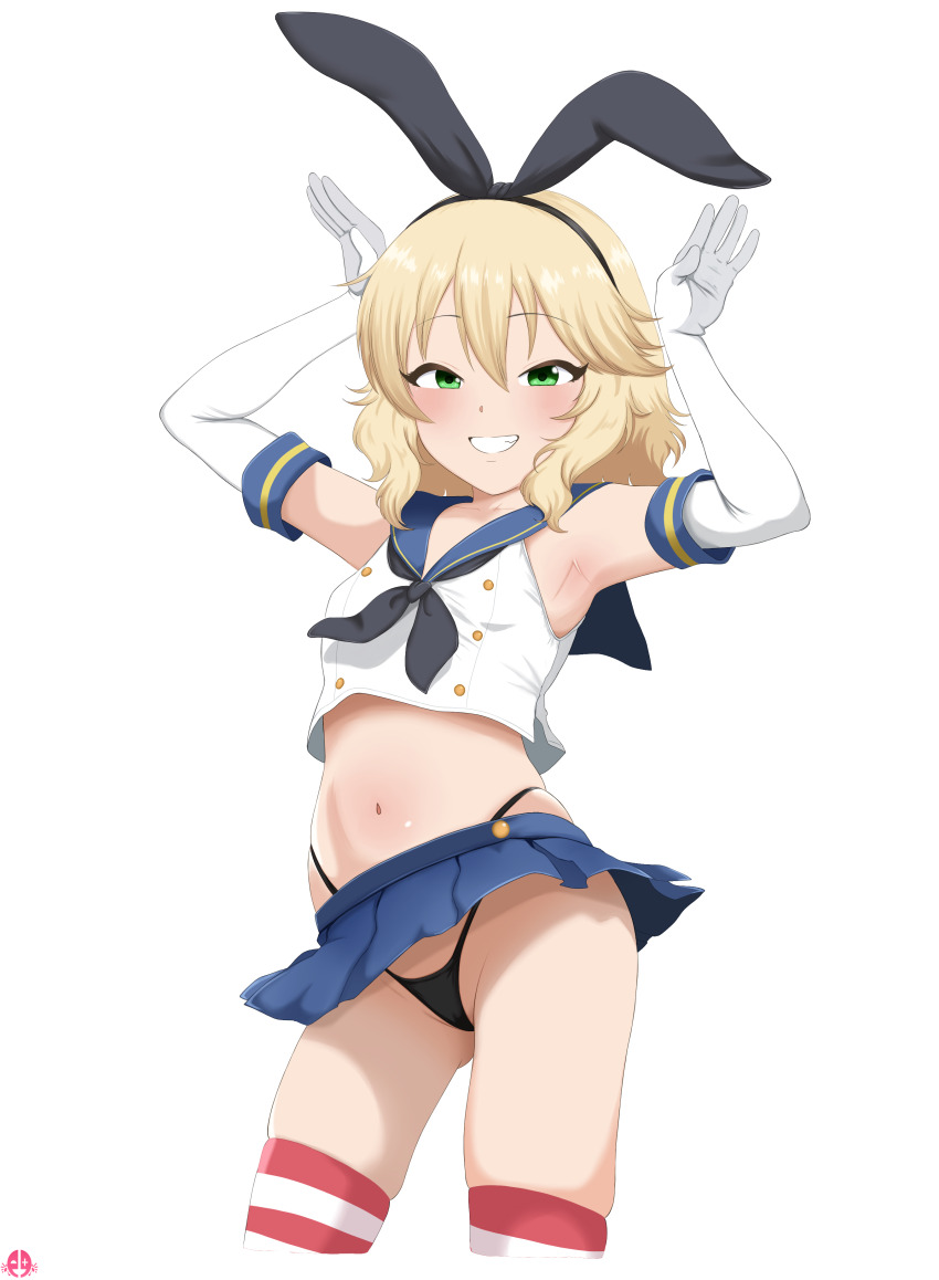 1girl absurdres armpits black_hairband black_neckerchief black_panties blonde_hair blue_sailor_collar blue_skirt breasts cosplay crop_top elbow_gloves gloves green_eyes hairband highleg highleg_panties highres idolmaster idolmaster_cinderella_girls kantai_collection loli looking_at_viewer medium_hair microskirt mrhunking navel neckerchief panties pleated_skirt rabbit_pose sailor_collar sakurai_momoka shimakaze_(kancolle) shimakaze_(kancolle)_(cosplay) skirt small_breasts smile solo striped_clothes striped_thighhighs thighhighs thong underwear wavy_hair white_gloves