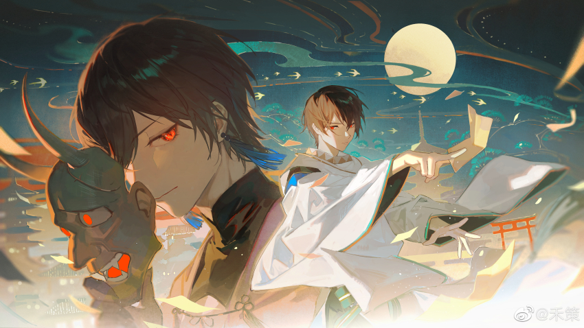 2boys absurdres architecture ayn_alwyn ayn_alwyn_(oneiric_heian-kyo) between_fingers bird black_hair black_shirt chinese_commentary cloud commentary_request cowboy_shot dual_persona earrings east_asian_architecture egasumi flower_knot flying_paper full_moon glowing glowing_eye green_sky hair_between_eyes hand_up highres holding holding_mask japanese_clothes jewelry kariginu long_sleeves looking_at_viewer lovebrush_chronicles male_focus mask moon multiple_boys noland official_alternate_costume oni_mask outstretched_arm paper pine_tree portrait red_eyes robe serious shirt short_hair sideways_glance sky slit_pupils smile standing swallow_(bird) talisman tassel tassel_earrings torii tower tree turtleneck turtleneck_shirt unworn_mask v-shaped_eyebrows watermark weibo_watermark white_robe wide_sleeves