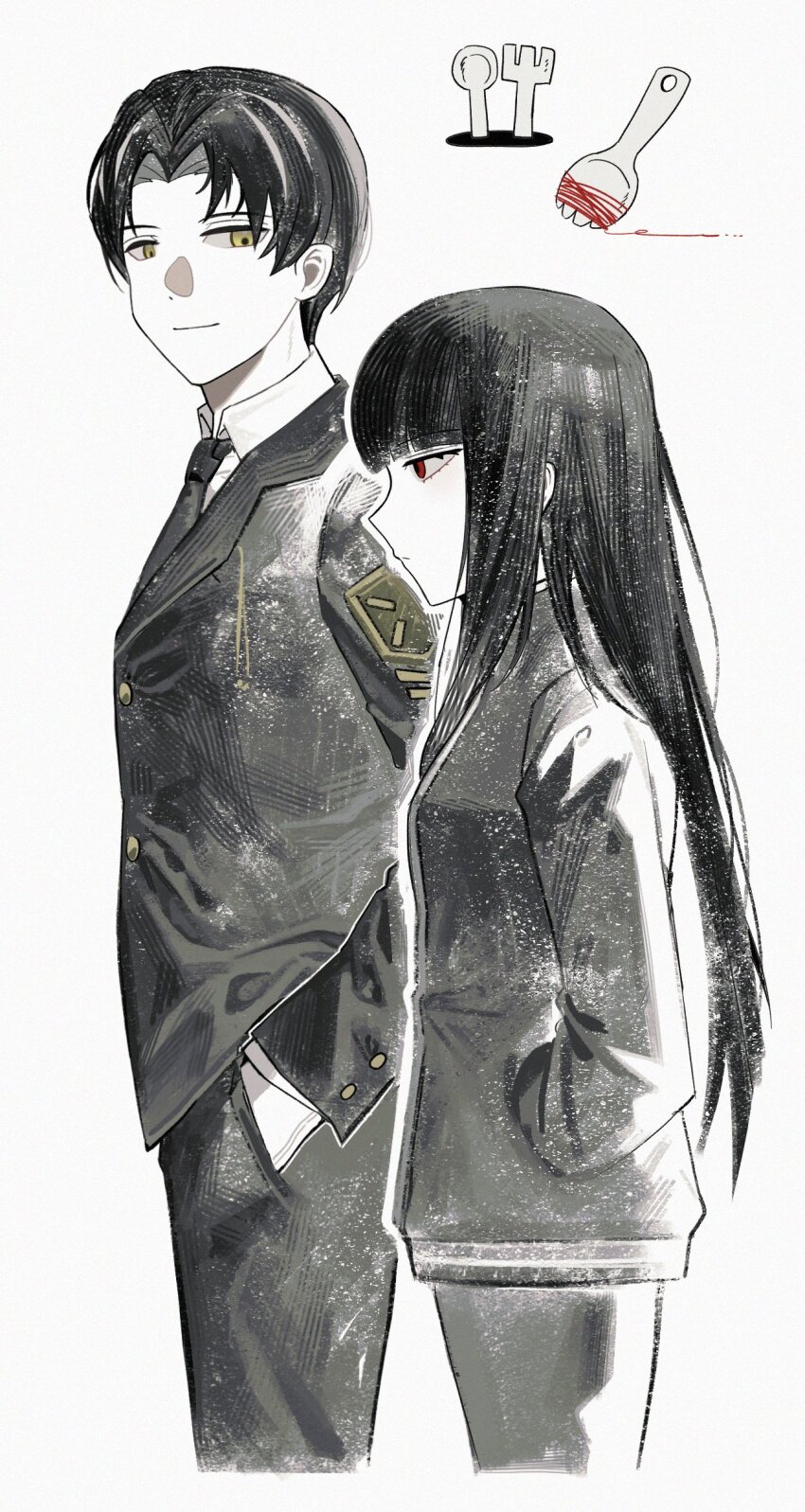 1boy 1girl absurdres asdf1211950 black_hair black_pants black_suit black_track_suit blunt_bangs buttons fork formal_clothes hands_in_pockets highres hime_cut jacket limbus_company long_hair looking_ahead looking_at_another necktie pants project_moon red_eyes rien_(project_moon) ryoshu_(project_moon) smile spoon spork string string_of_fate suit track_jacket track_suit yellow_eyes