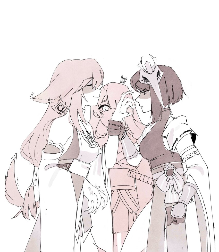 3girls angry animal_ear_piercing animal_ears arm_guards bare_shoulders blunt_bangs bucumberr closed_eyes commentary detached_sleeves english_commentary fff_threesome fingernails fox_ears fox_girl from_side genshin_impact glaring group_sex hair_between_eyes highres holding_another's_wrist japanese_clothes jewelry kimono kujou_sara long_hair long_sleeves mask mask_on_head monochrome multiple_girls pendant raiden_shogun sash shade shaded_face sharp_fingernails short_hair short_sleeves simple_background sketch standing surprised swept_bangs tank_top threesome upper_body white_background yae_miko yuri