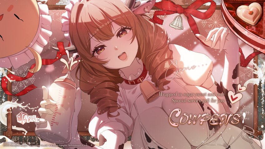 1girl animal_ears animal_print azur_lane bell bikini bottle breasts cleavage commentary cow_ears cow_horns cow_print cowpens_(azur_lane) cowpens_(milky_ministrations)_(azur_lane) drill_hair elbow_gloves gloves highres holding holding_bottle horns huge_breasts looking_at_viewer manjuu_(azur_lane) milk_bottle mole mole_under_eye neck_bell official_alternate_costume official_art open_mouth print_bikini red_ribbon ribbon solo swimsuit yostar
